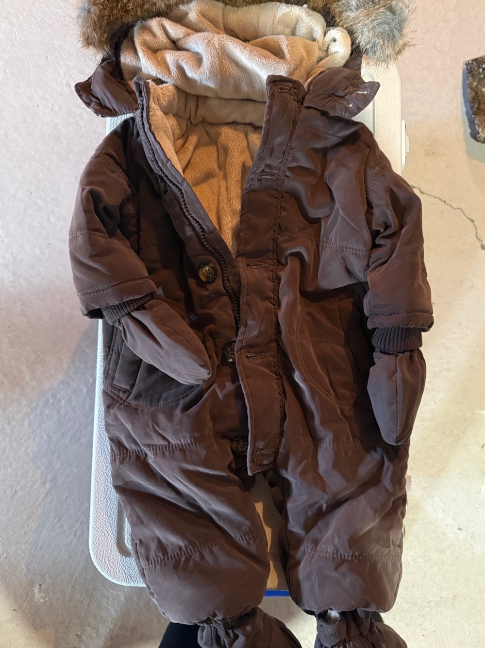 Zara Baby Brown Quilted Baby Snowsuit with Faux Fur Hood